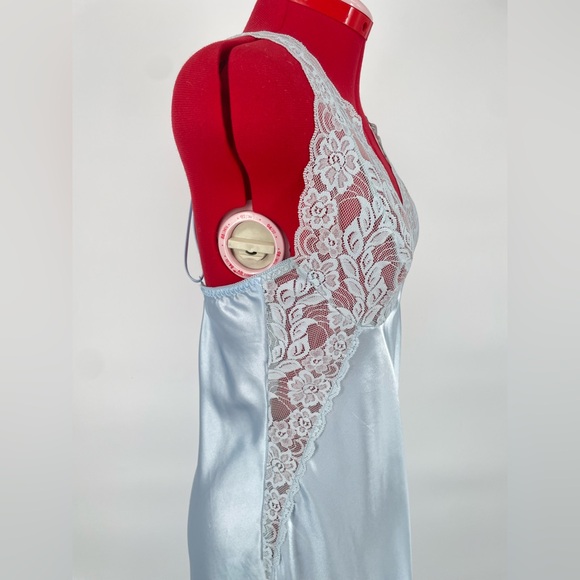 Icy Blue Lacey Satin Midi Length Slip Nightgown With Sheer Lace Panels - Picture 9 of 11